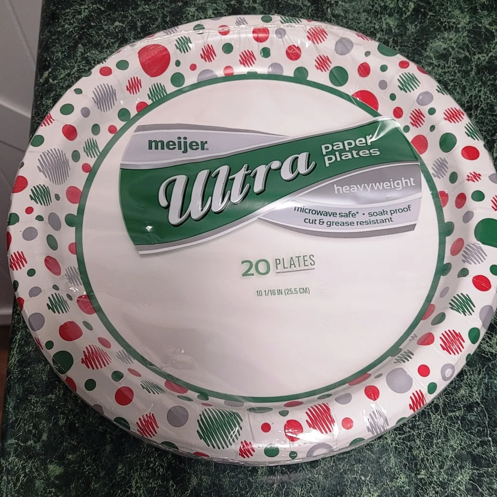 Meijer Ultra Paper Plates - Red, Green, and Gray Dots